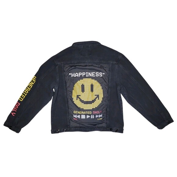 Rue 21 Men’s XL Black Denim Jacket Happiness Generated Daily Punk Grunge - Picture 1 of 8